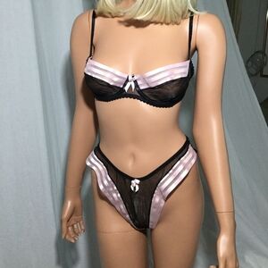 polyester malanga Black & Pink Bra 36C and thong small Ribbon Lingerie
